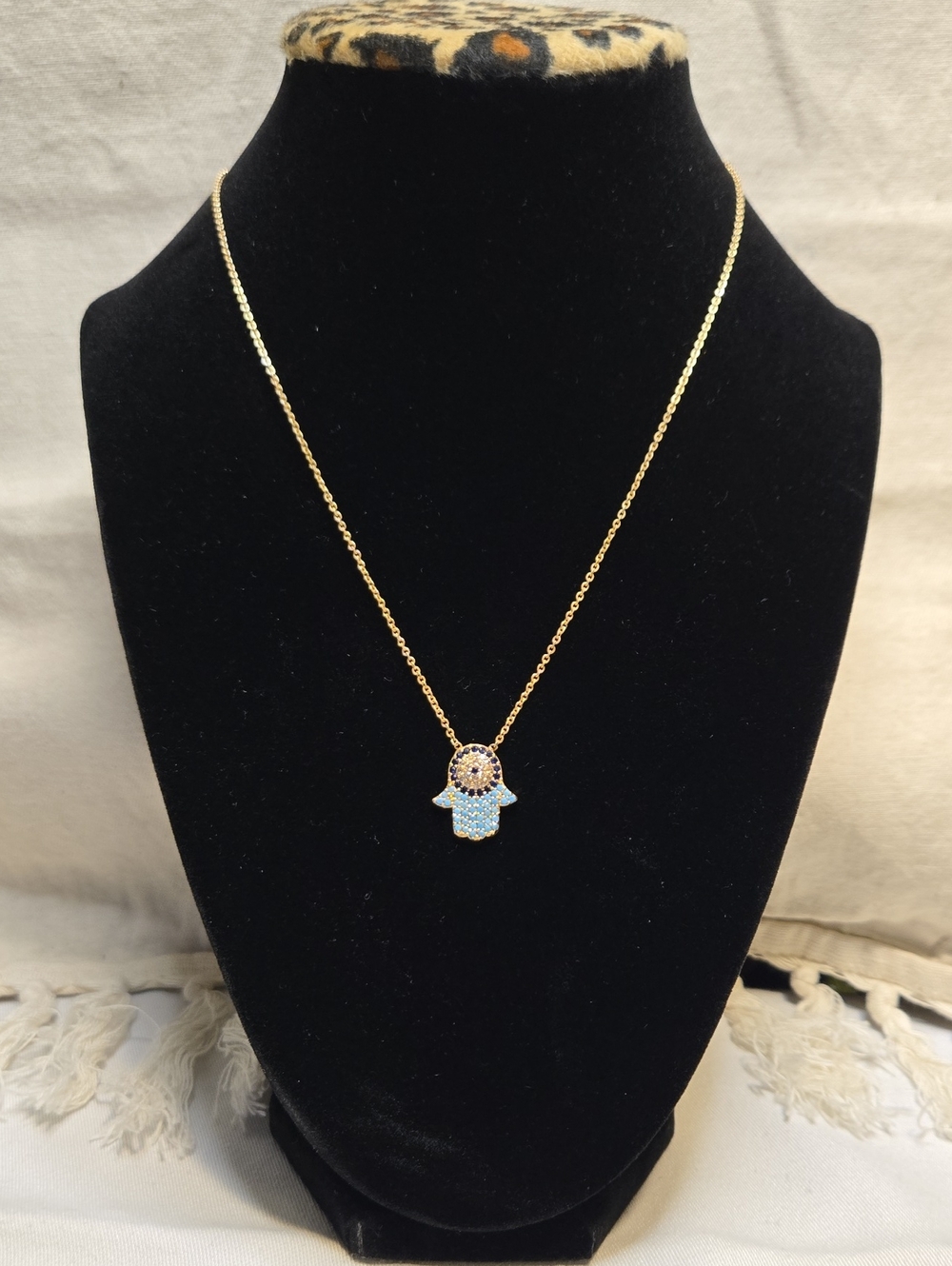 Gold Tone Hamsa Hand Necklace Blue Rhinestone Evil Eye Pendant 16.5"